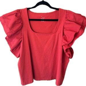 A New Day Red Ruffle Sleeve Square Neck Top
